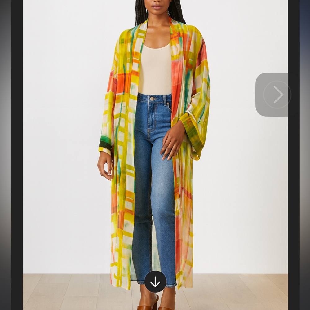 Lightweight Abstract Print Long Kimono Robe - Yellow Multi